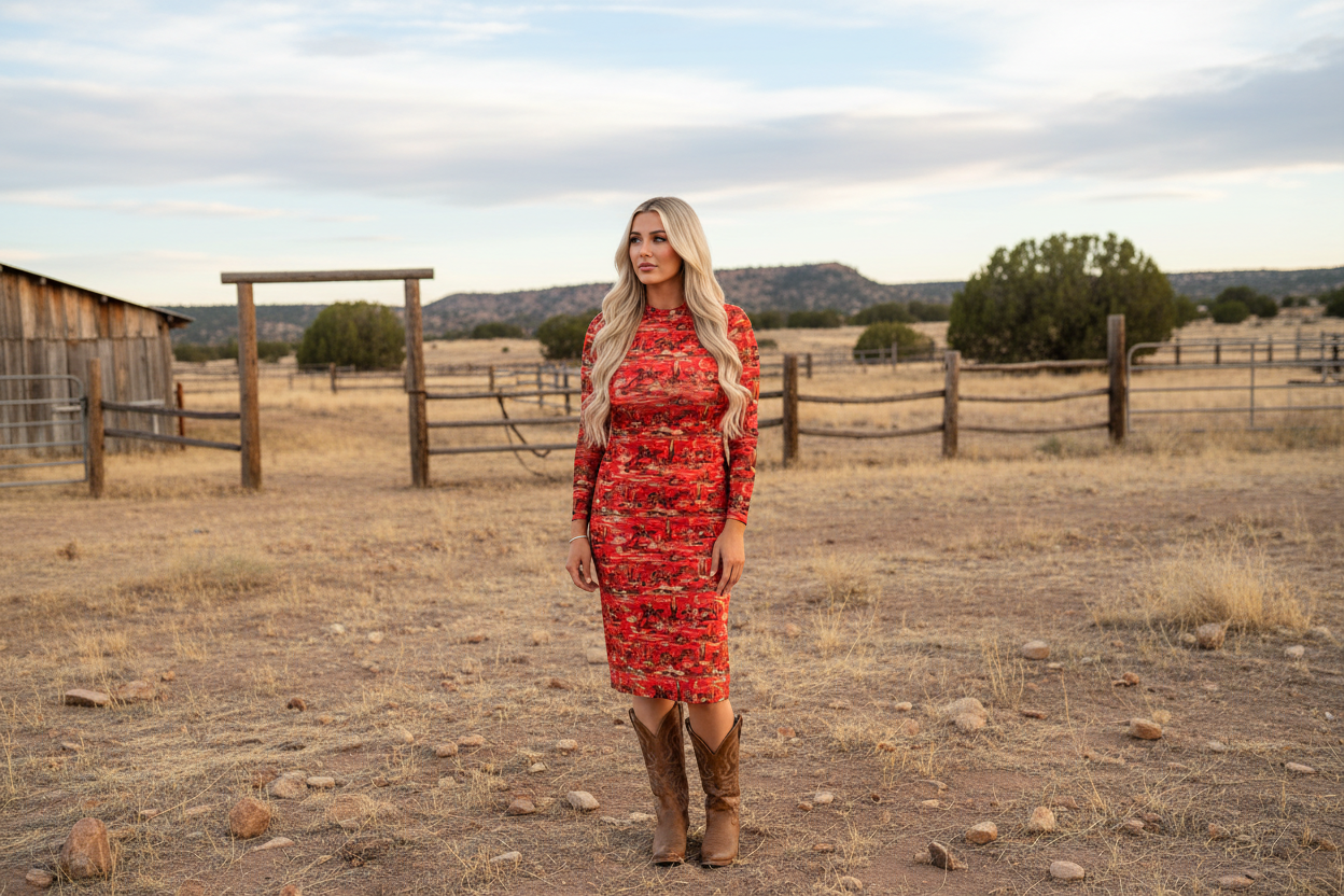 Red Cowboy Print Midi Dress