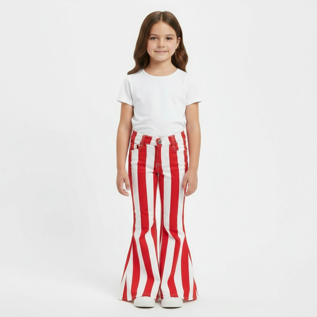 red and white striped bell bottom pants, christmas jeans