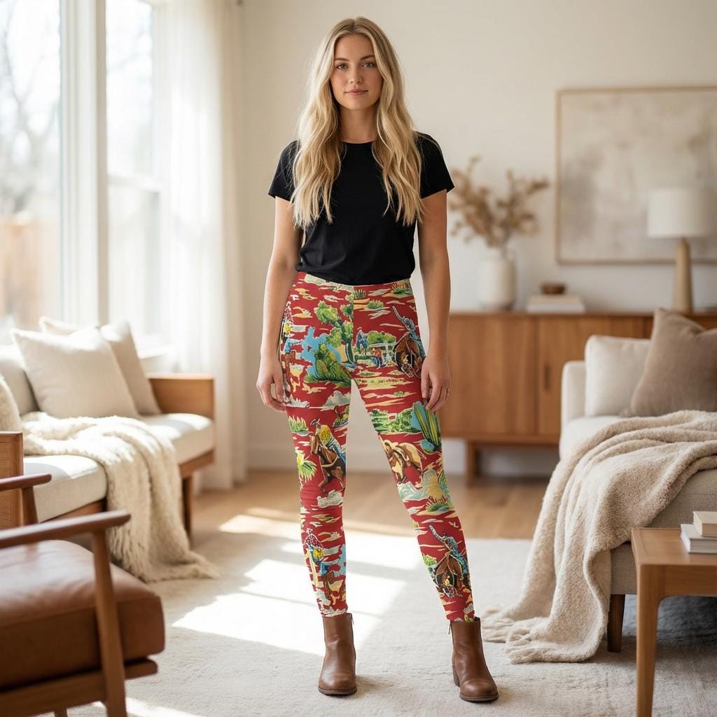 Woman wearing red vintage cowboy print leggings for women