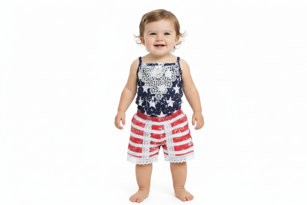 Baby wearing a red, white, and blue outfit  on a white background