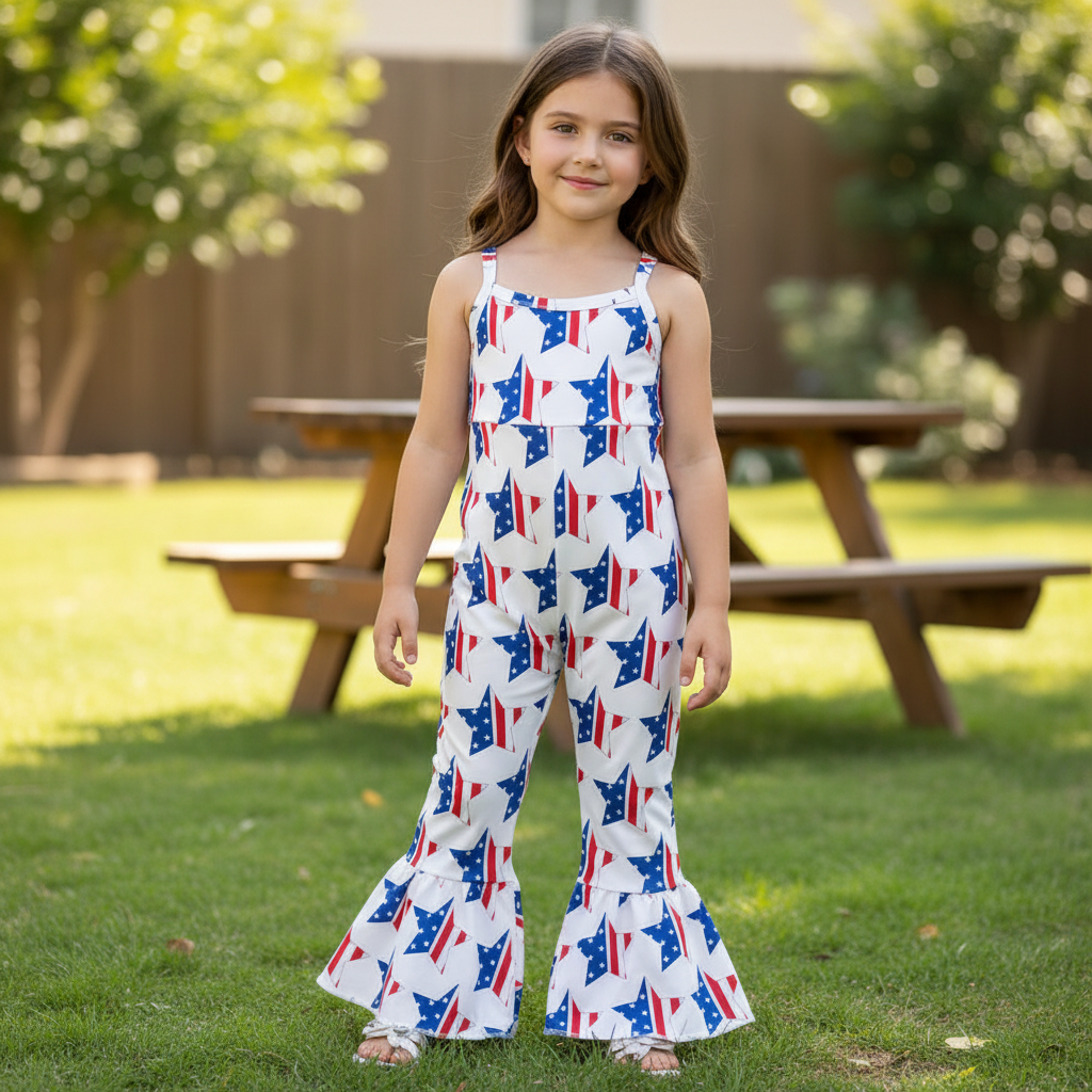 girl in backyard wearing red white and blue usa STAr jUMPSUIT