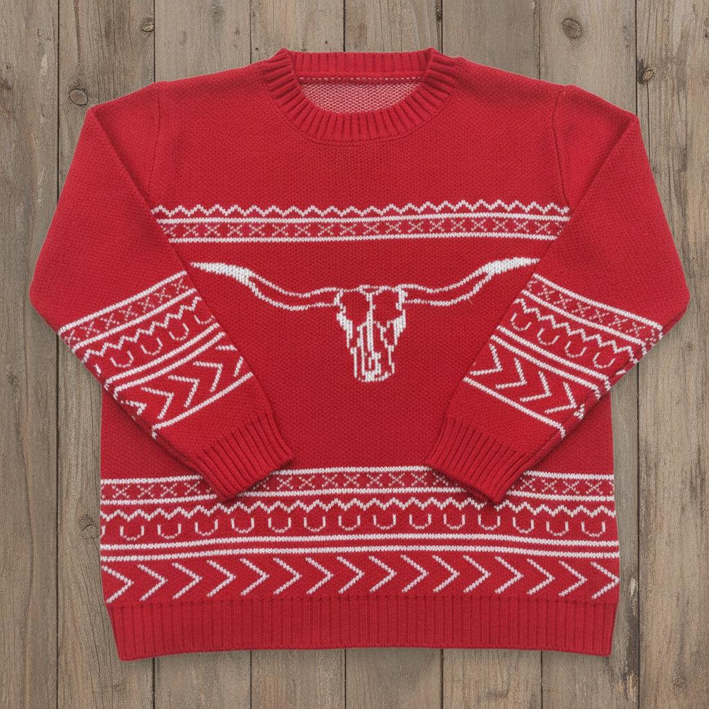 Girls Red Longhorn Sweater, Western Cowgirl Sweater, Kids Western Sweater