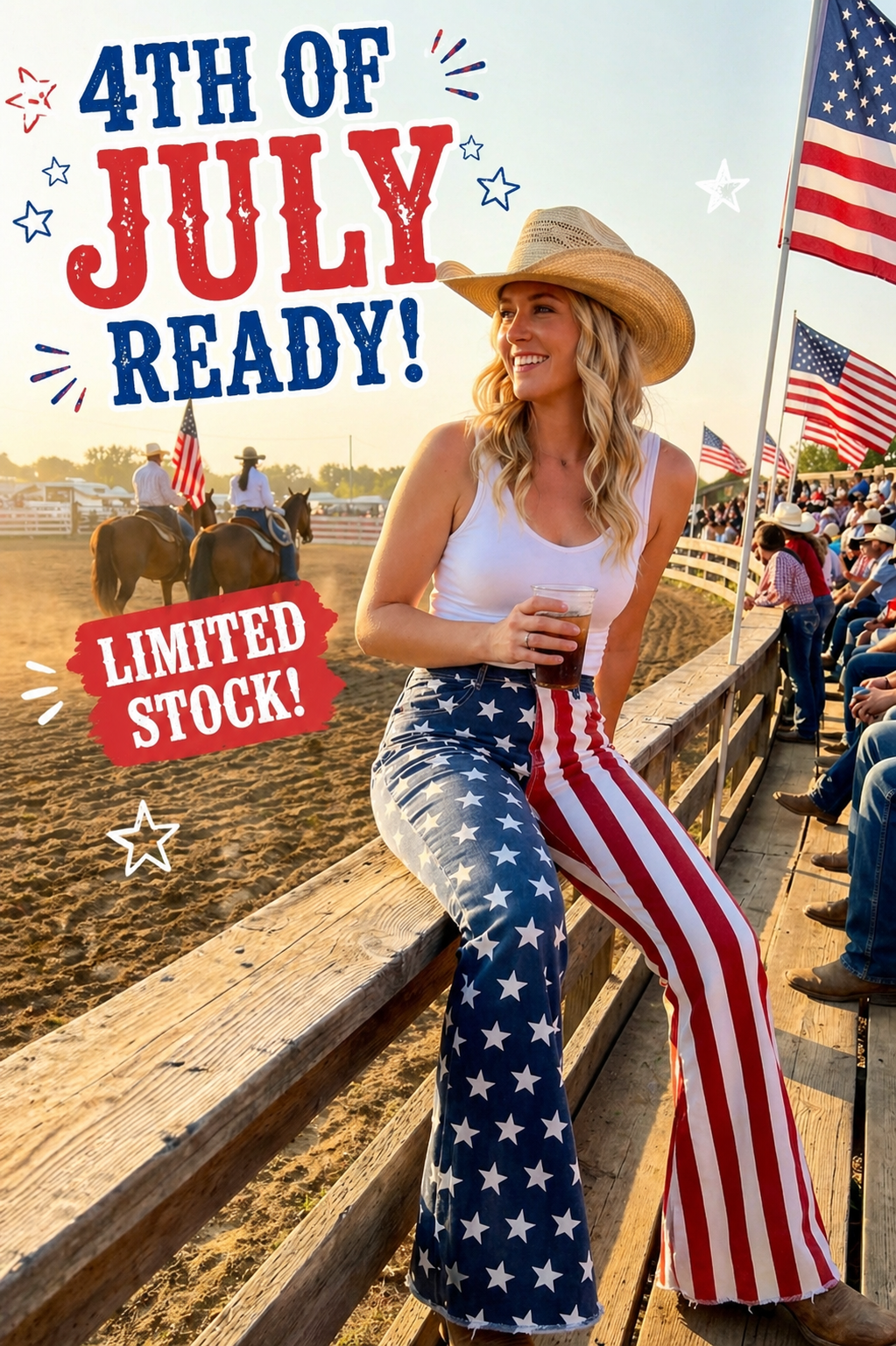 Woman in white tank top and American flag bell bottom jeans siting on rodeo arena fence.  text overlay says  '4th of July Ready!' and "limited stock"