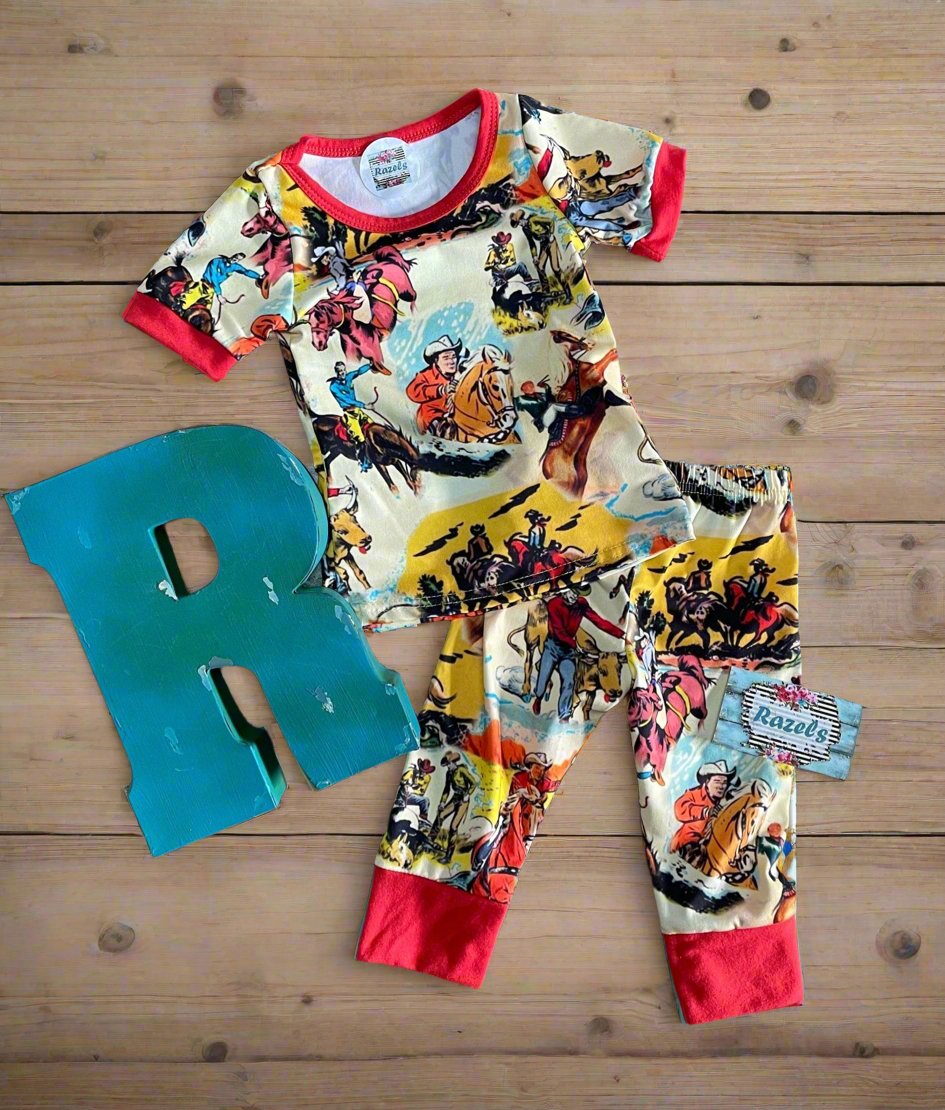 Retro Cowboy Print Pajamas / Classic Western TV Stars PJ Pants Shirt / ROY Rogers Trigger Cowboy Pajamas - Razels