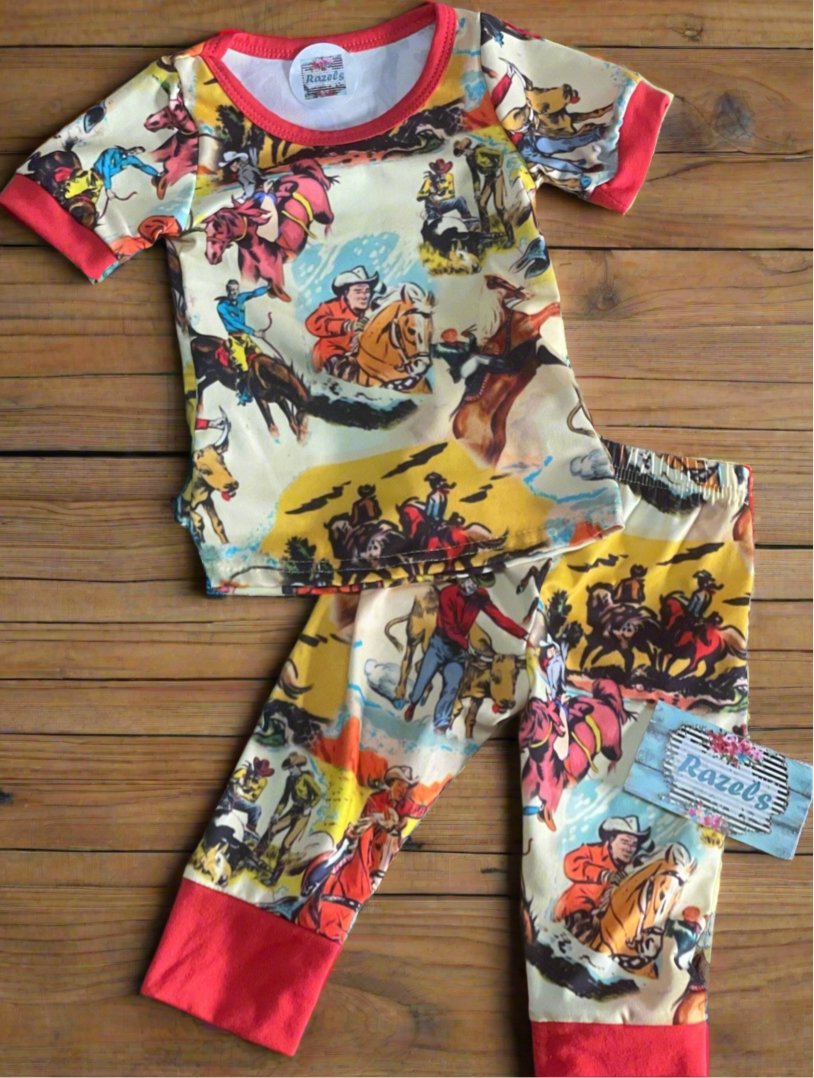 Retro Cowboy Print Pajamas / Classic Western TV Stars PJ Pants Shirt / ROY Rogers Trigger Cowboy Pajamas - Razels