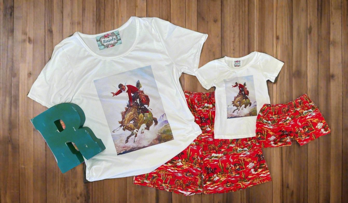 Retro Western Cowboy Wild West Outfit Matching Mom and Me Lounge Short Sets - Razels