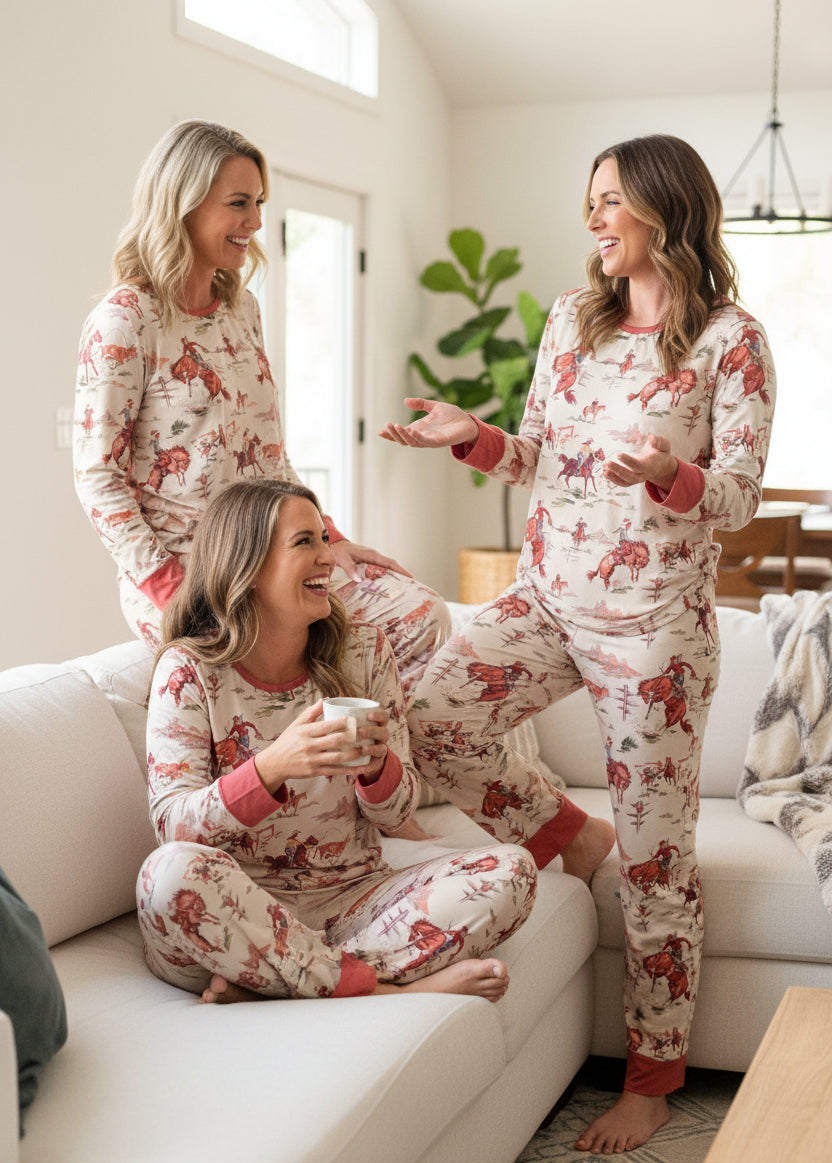 Vintage Cowboy Pajamas – Retro Western Family PJs | Classic Western Print Unisex Pajamas feature Bucking Broncs, Roping Steers, Steer Wrestling and more! These comfortable pjs are available in sizes for the whole family!!