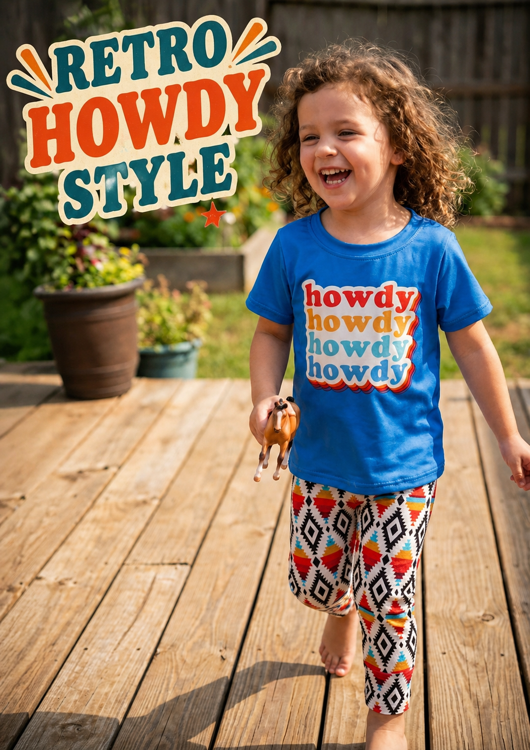 Child wearing a blue shirt with 'howdy' text, standing on a wooden deck with 'Retro Howdy Style' text above.