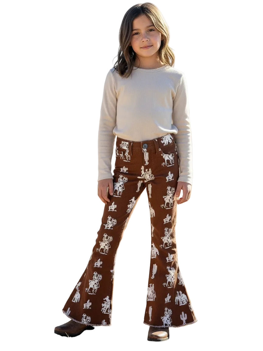 Girls' Vintage Cowboy Print Bell Bottom Jeans | Retro Western Flare Pants