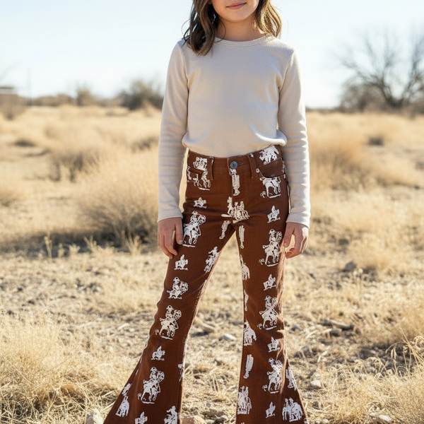 Girls Vintage Cowboy Print Bell Bottom Jeans | Western Style Jeans