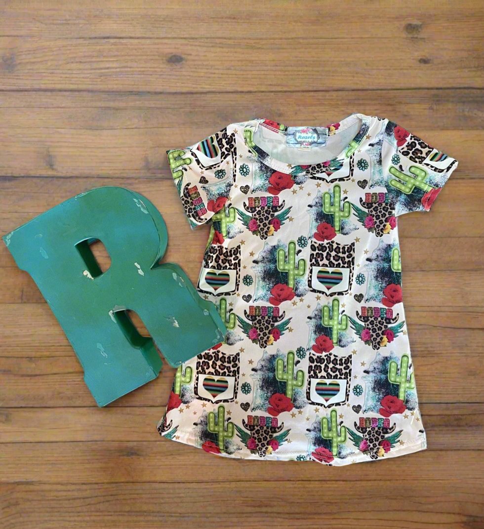 Rodeo T-Shirt Dress Rodeo Kids Cowgirl Dress Western Dress RODEO BACKNUMBER Cheetah Print Cactus tshirt Dress Western Style Clothing - Razels