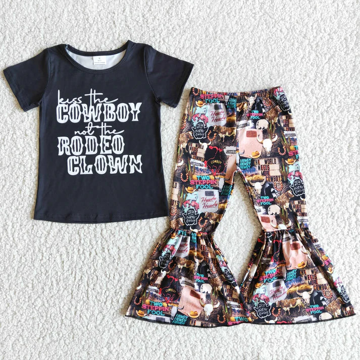 Girls “Kiss the Cowboy, Not the Rodeo Clown” Bell Bottom Outfit | Western Cowgirl Set | Sizes 6–12 Months to 14/16
