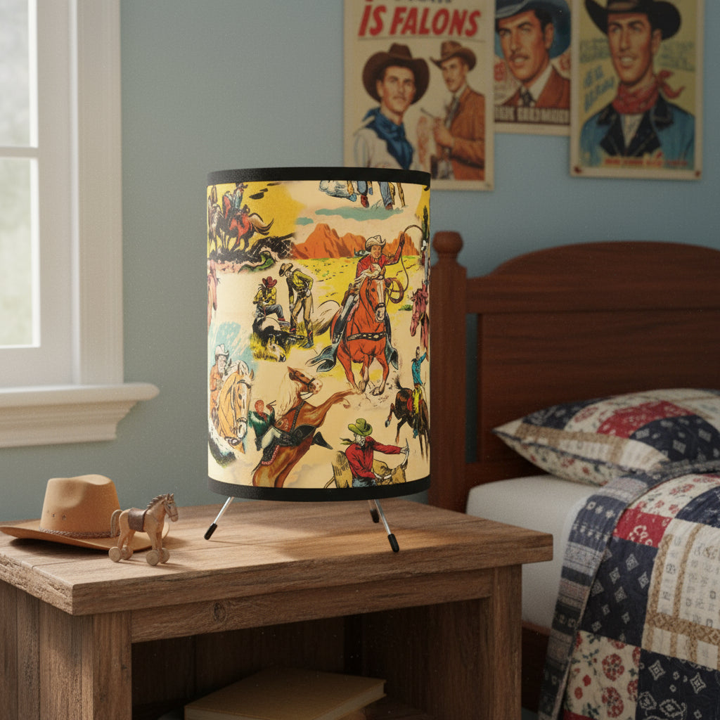 Table lamp with cowboy-themed design on a white background