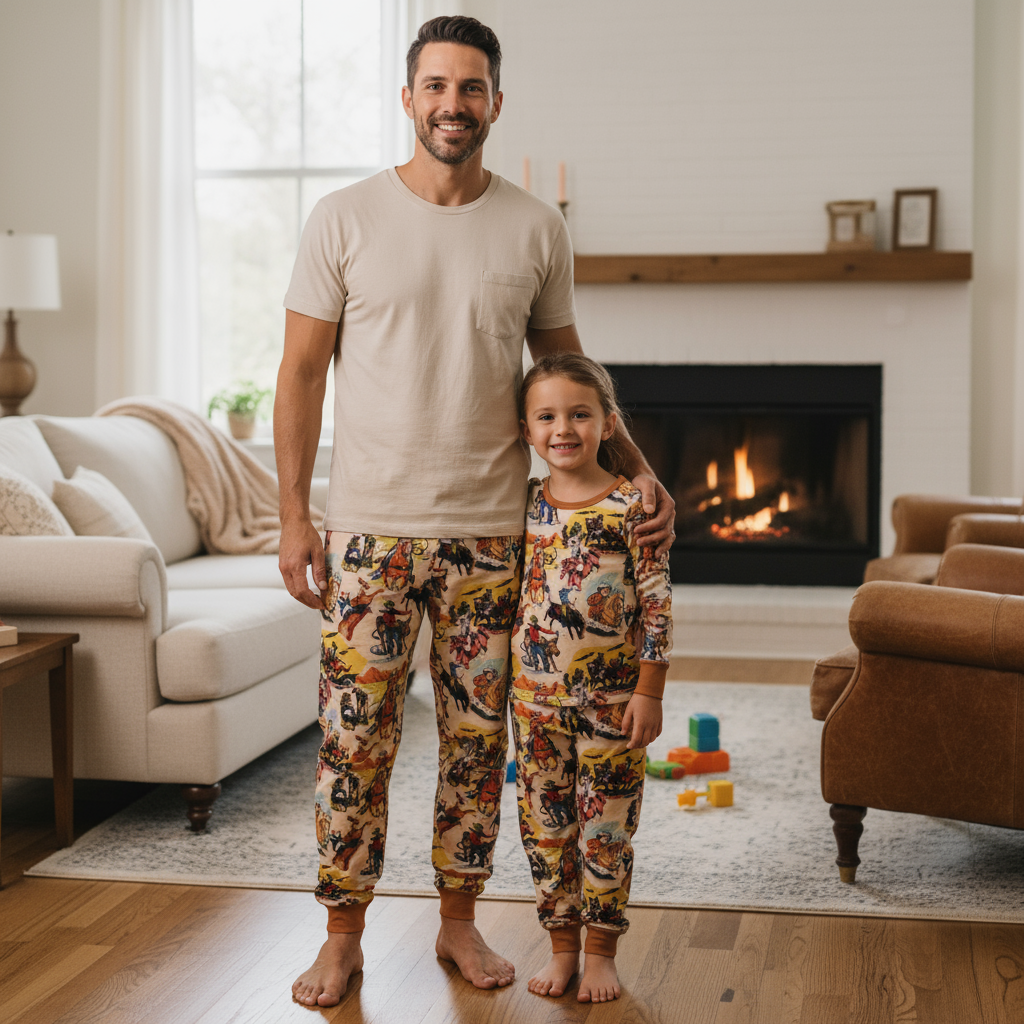 Man and child in pajamas standing in a cozy living room with a fireplace.