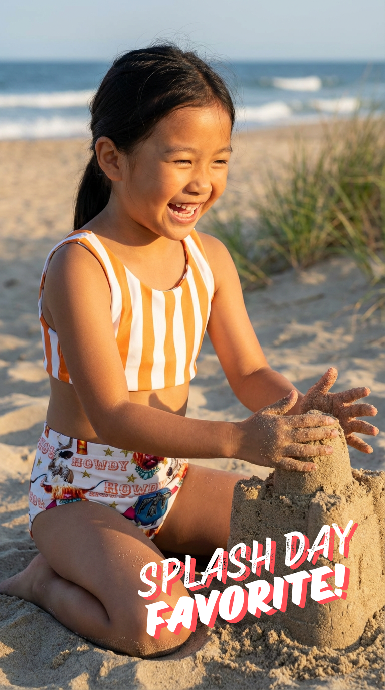 Girls Reversible Cow Tankini | Western Highland and Longhorn Cow High Waisted Swimsuit