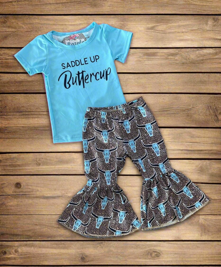 SADDLE UP Buttercup Bell Bottom Outfit, Turquoise Skull Cheetah Print Flares - Razels