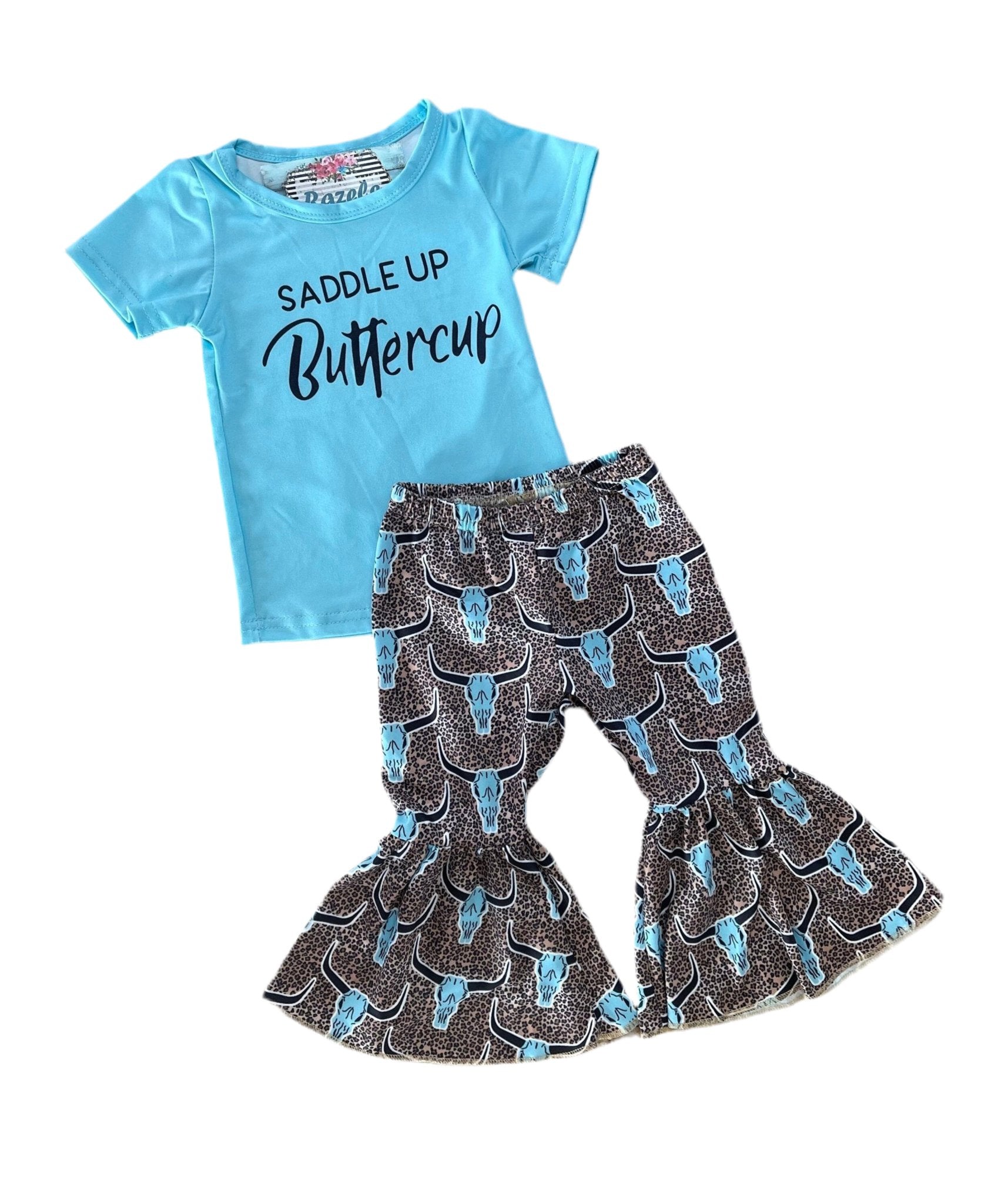 SADDLE UP Buttercup Bell Bottom Outfit, Turquoise Skull Cheetah Print Flares - Razels