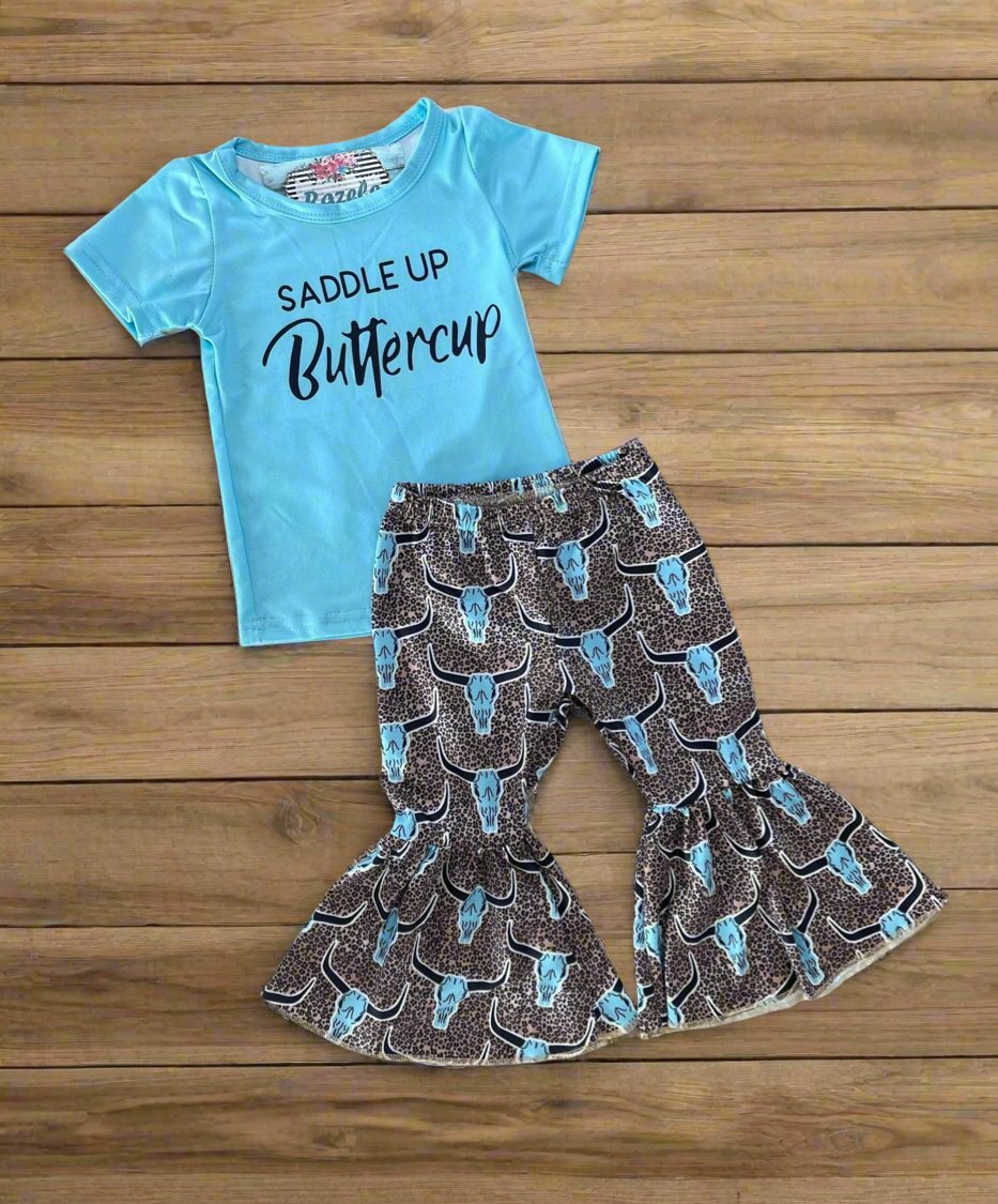 SADDLE UP Buttercup Bell Bottom Outfit, Turquoise Skull Cheetah Print Flares - Razels