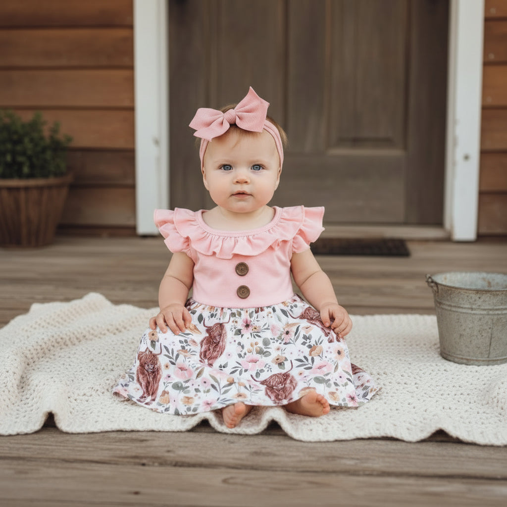 Scottish Highland Cow Dress! 🐄💖 It's the perfect blend of comfort and style, featuring a cute floral highlander cow print on the bottom. The soft top has flutter sleeves, a collar, and button details for an added touch of charm. Ships FREE with $35