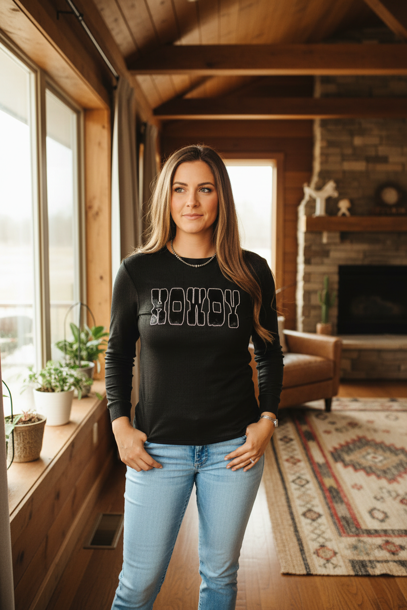 Black Sequin Howdy Long Sleeve T-Shirt – Western Graphic Tee for Women