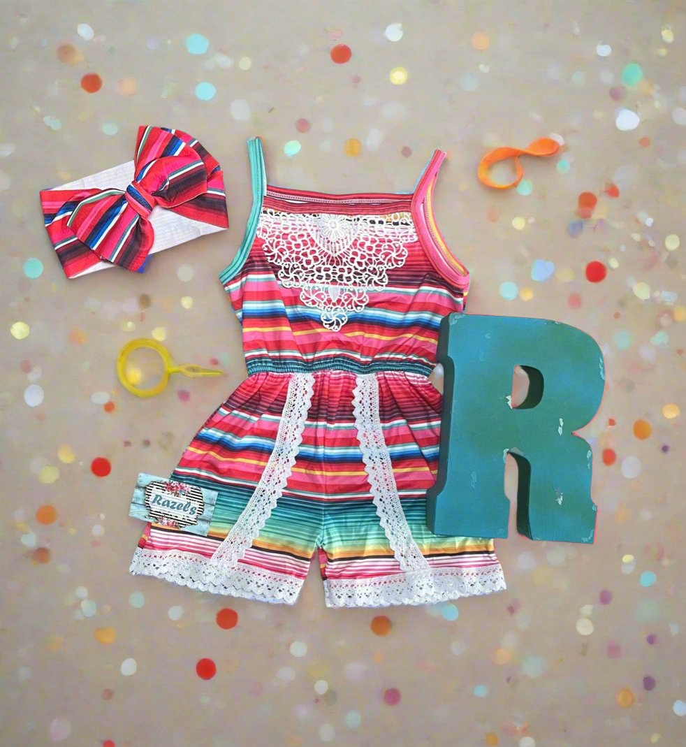 Serape and Lace Romper, Girls FIESTA Summer Jumper - Razels