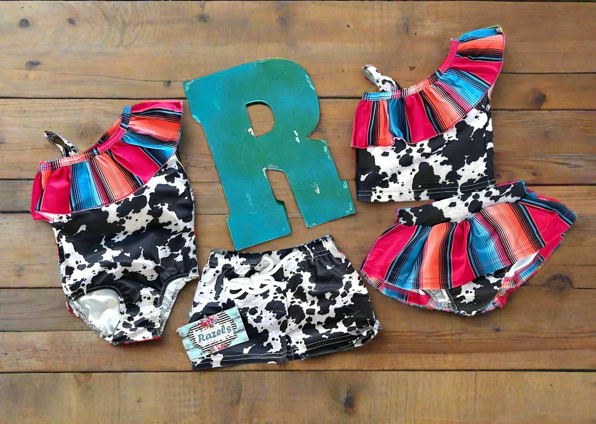 SERAPE Cow Print Swimsuit | WESTERN Black White Cow Shorts Swimwear | Matching Family Siblings Swimsuits - Razels