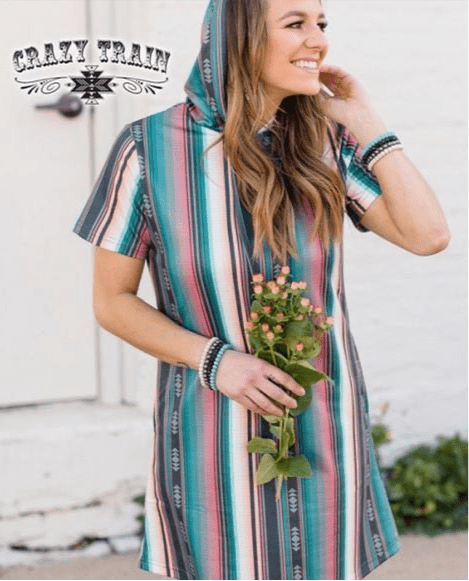 Serape Hoodie Dress Womens Casual Striped Dress Clearance Sale - Razels