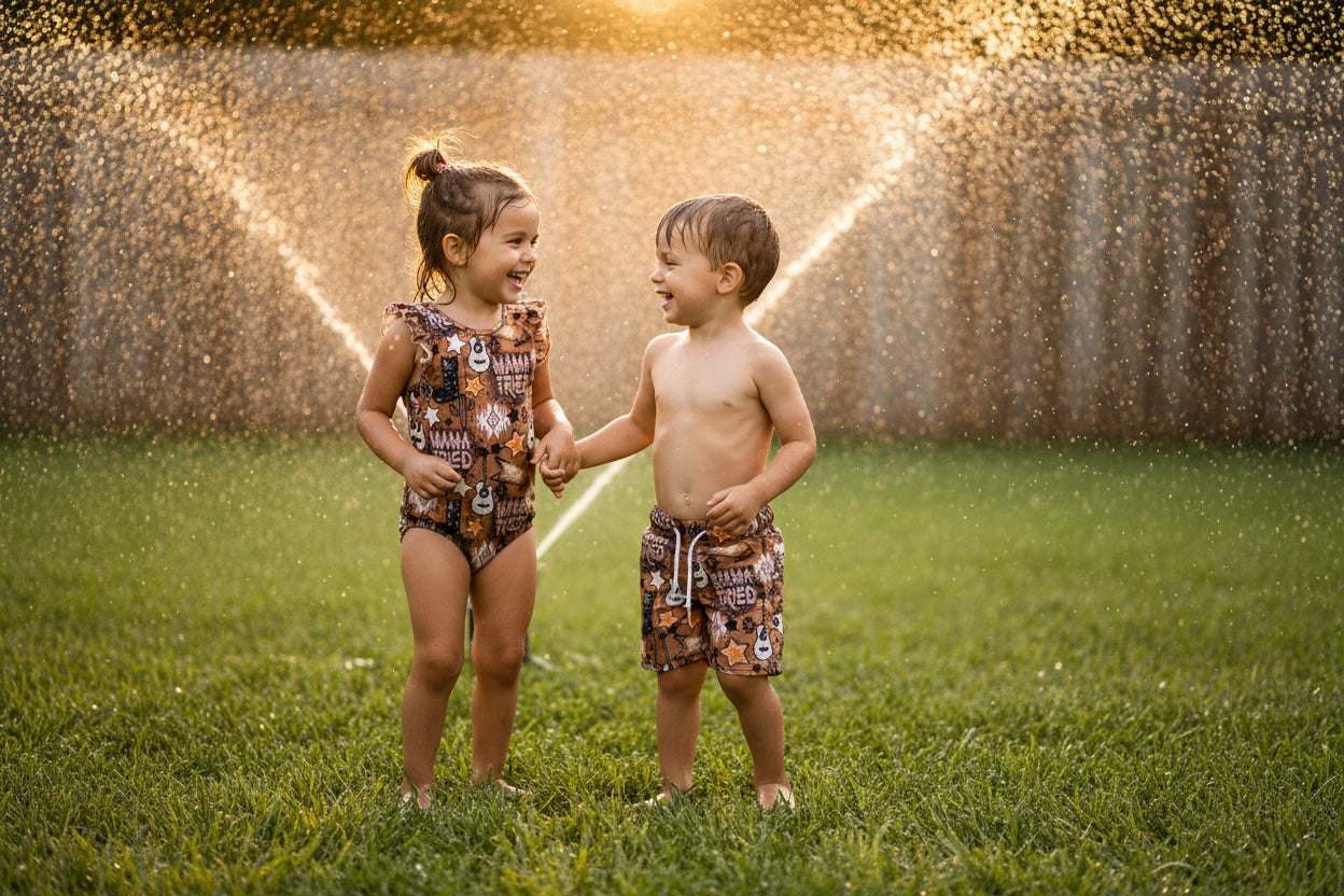 2 kids playing in sprinkler wearing sibling western swimsuits, mama tried