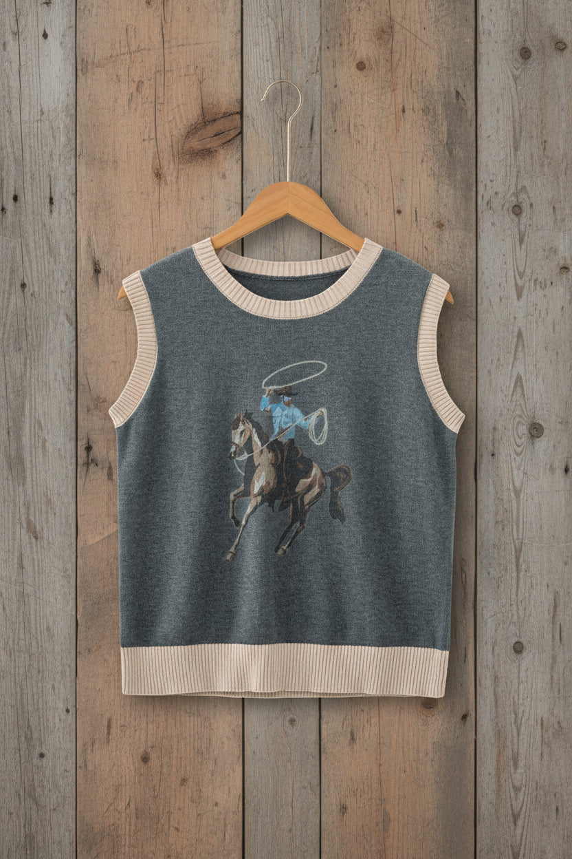 A sleeveless knit sweater vest in dark heather gray, hanging on a wooden hanger against a light gray background. The vest features beige ribbed trim at the crew neck, armholes, and hem, and a central graphic of a cowboy on a bucking horse with a lasso.