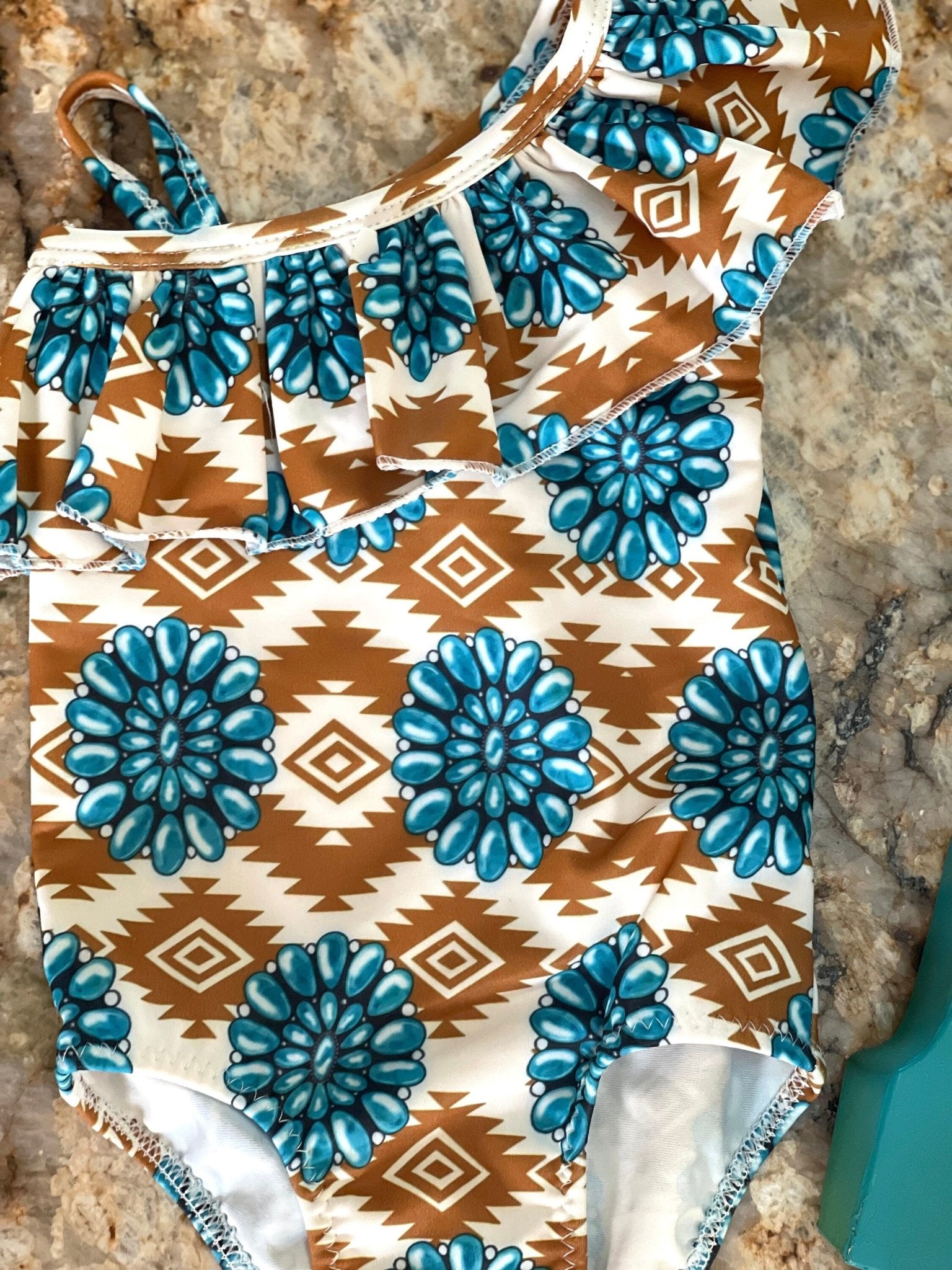 SOUTHWESTERN Squashblossom Swimsuit | WESTERN Baby Aztec Turquoise Ruffle Swimsuit | Turquoise Concho - Razels