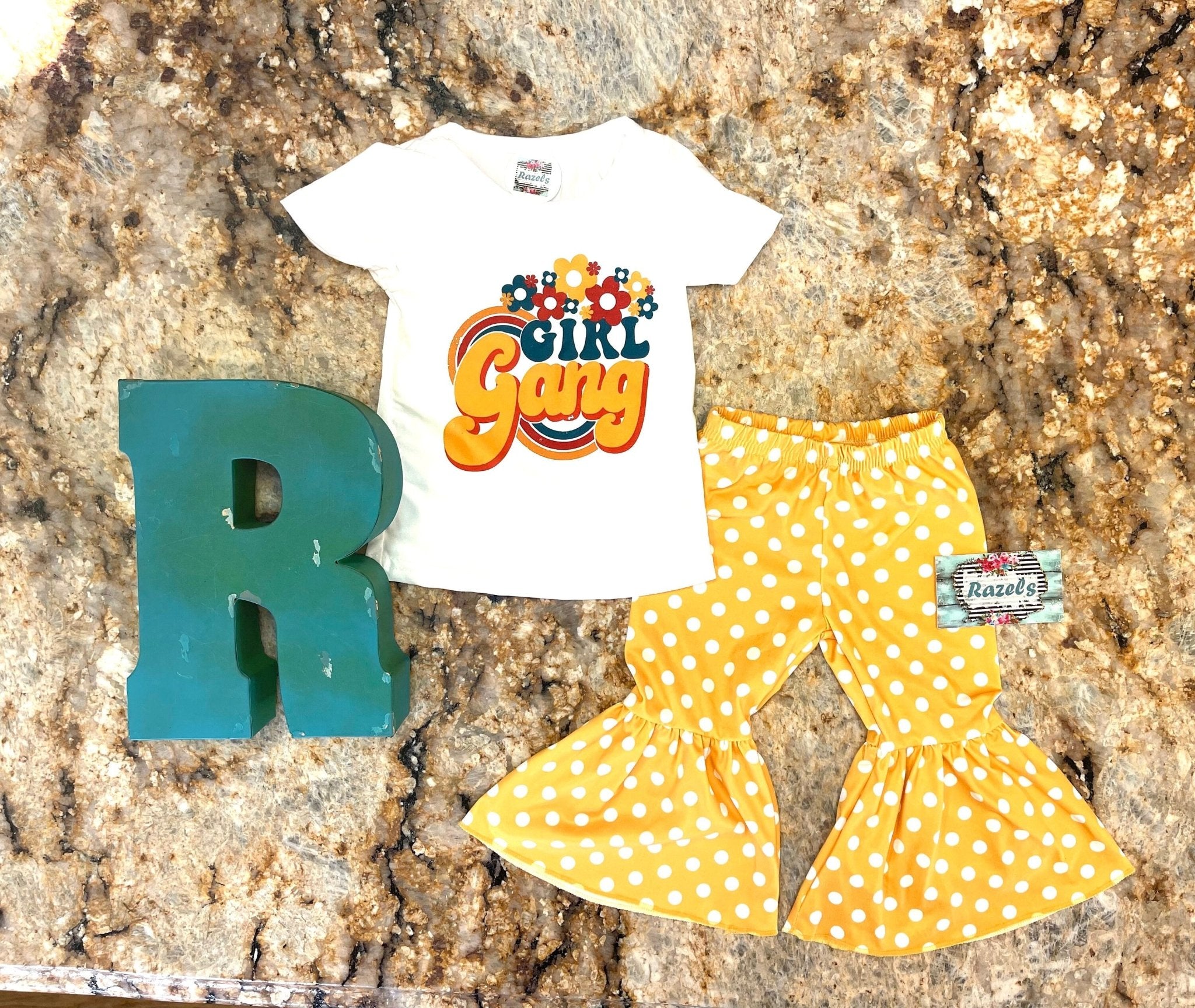 Spring Girl Gang T-shirt, Yellow Polka Dot Bell Bottoms - Razels