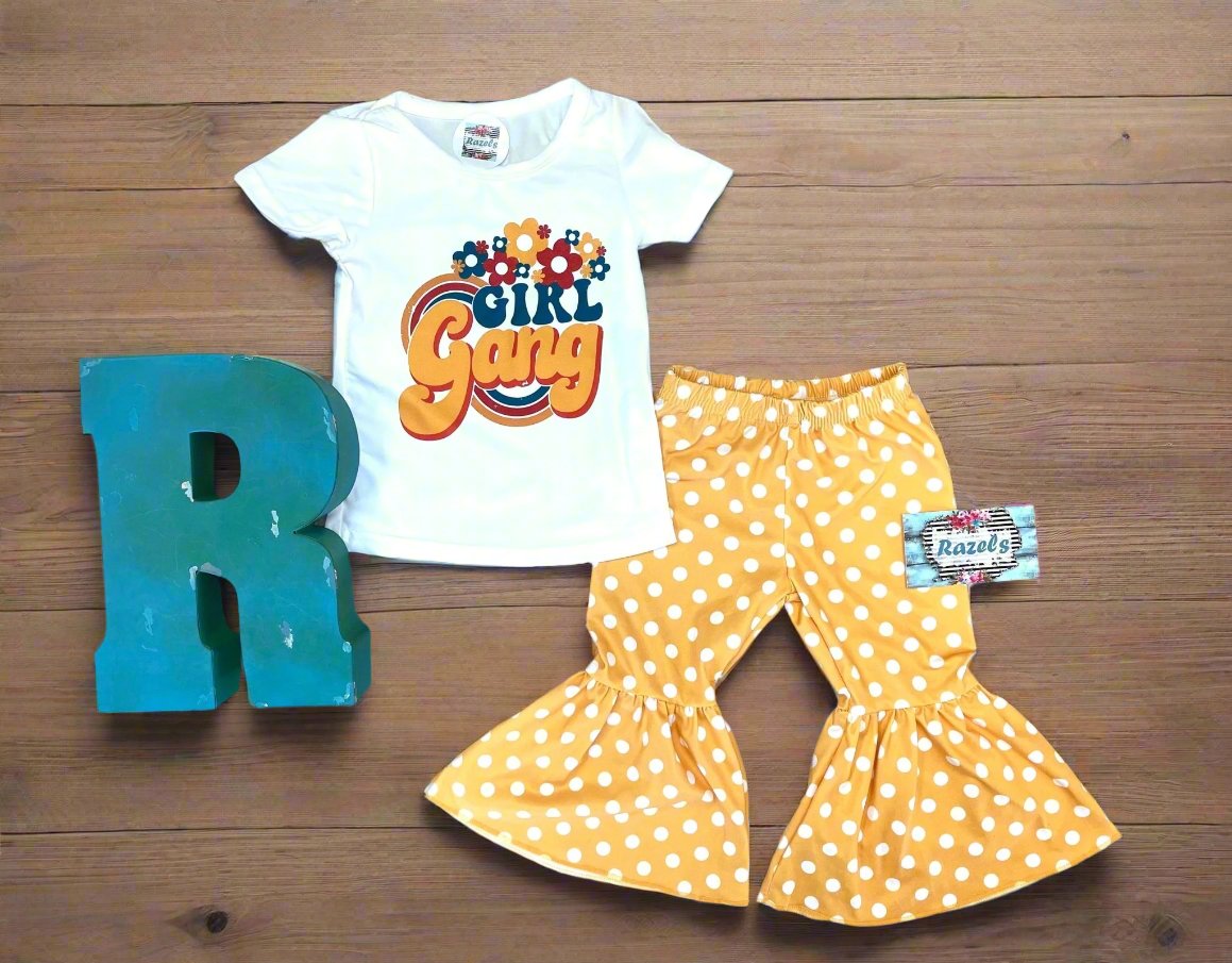 Spring Girl Gang T-shirt, Yellow Polka Dot Bell Bottoms - Razels