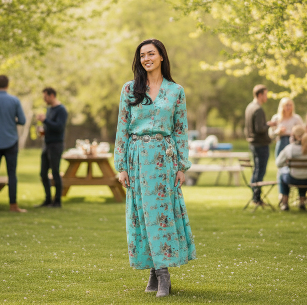 Turquoise Western Cowboy Print Maxi Dress