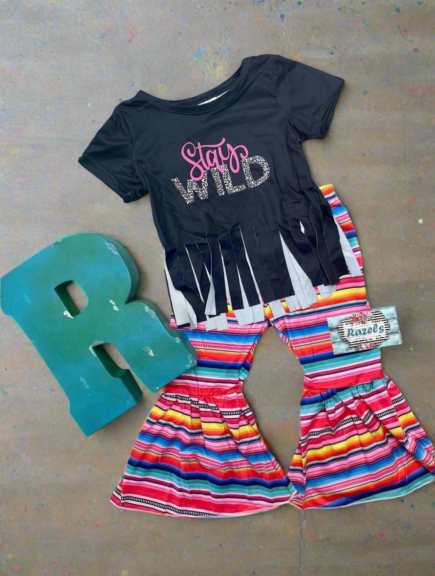 STAY WILD Bell Bottom Outfit Serape Striped Bell Bottom Flares Stay Wild Black Fringe T-Shirt girls boutique outfits boutique clothes - Razels