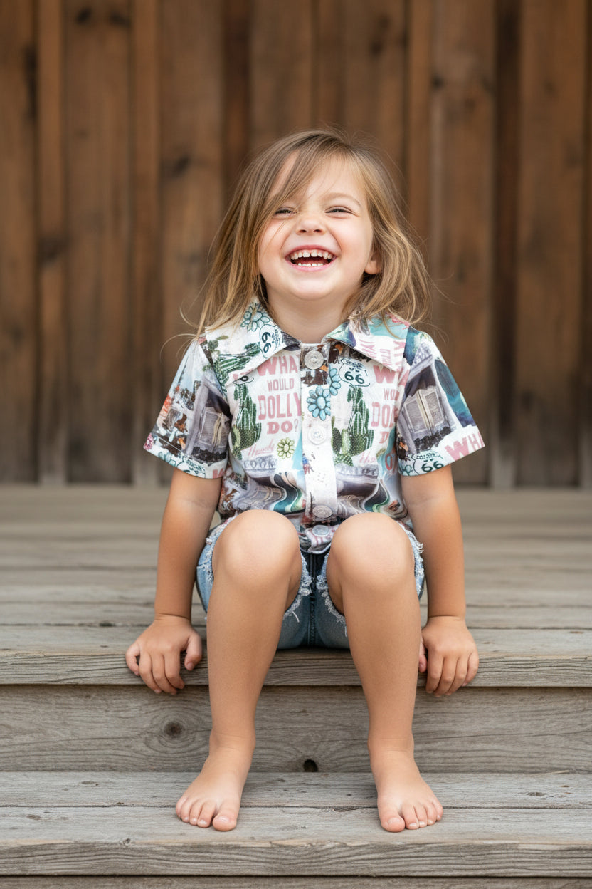 Get ready to dazzle with our adorable What Would Dolly Do? Cowgirl Shirt & Fringe Bodysuit. 
 The button-up shirt features a bold Western-inspired design, while the fringe bodysuit adds flair in vibrant pink. Shop Razels for Girls Western Wear