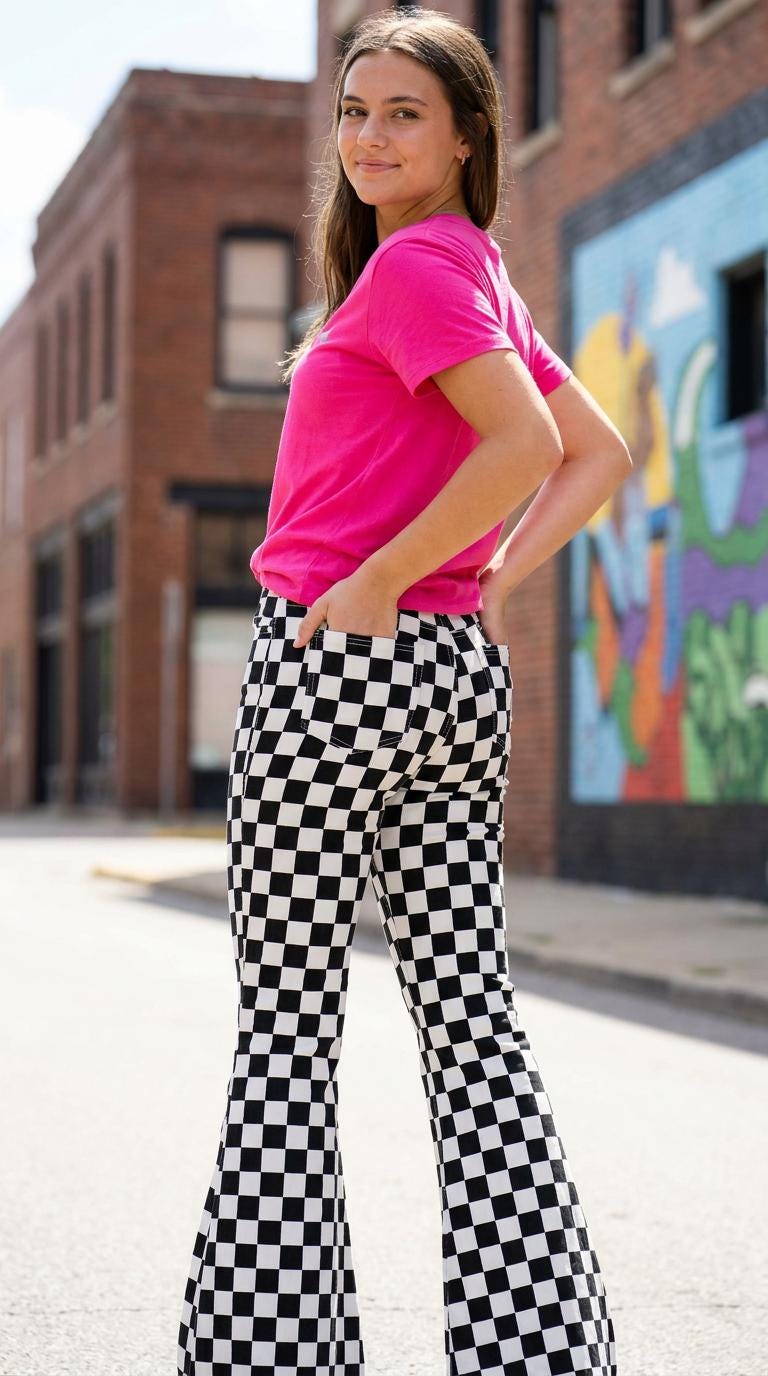 tween wearing teens black and white checkerboard flare pants standing outside spraypainted building