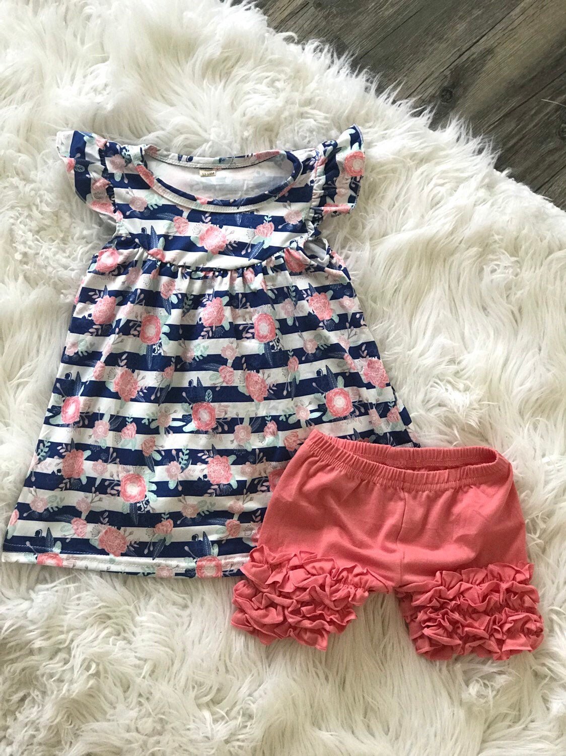 TODDLER BOHO Flowers and Feathers Flutter Sleeve Top and Pink Ruffle Icing Shorts, Little Girls Summer Outfits - Razels