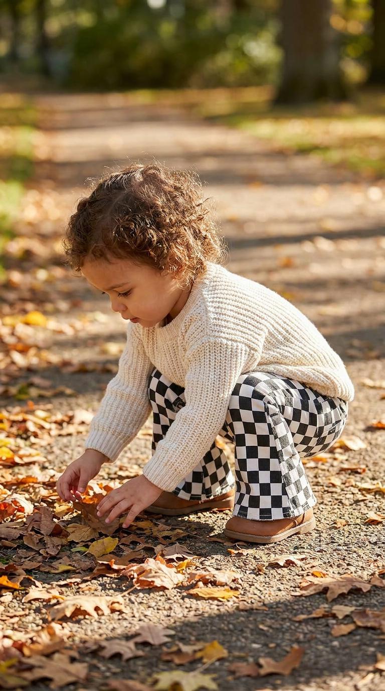 toddler bending over picking up fall leaves wearing a white sweater and razels toddler checkerboard flare pants