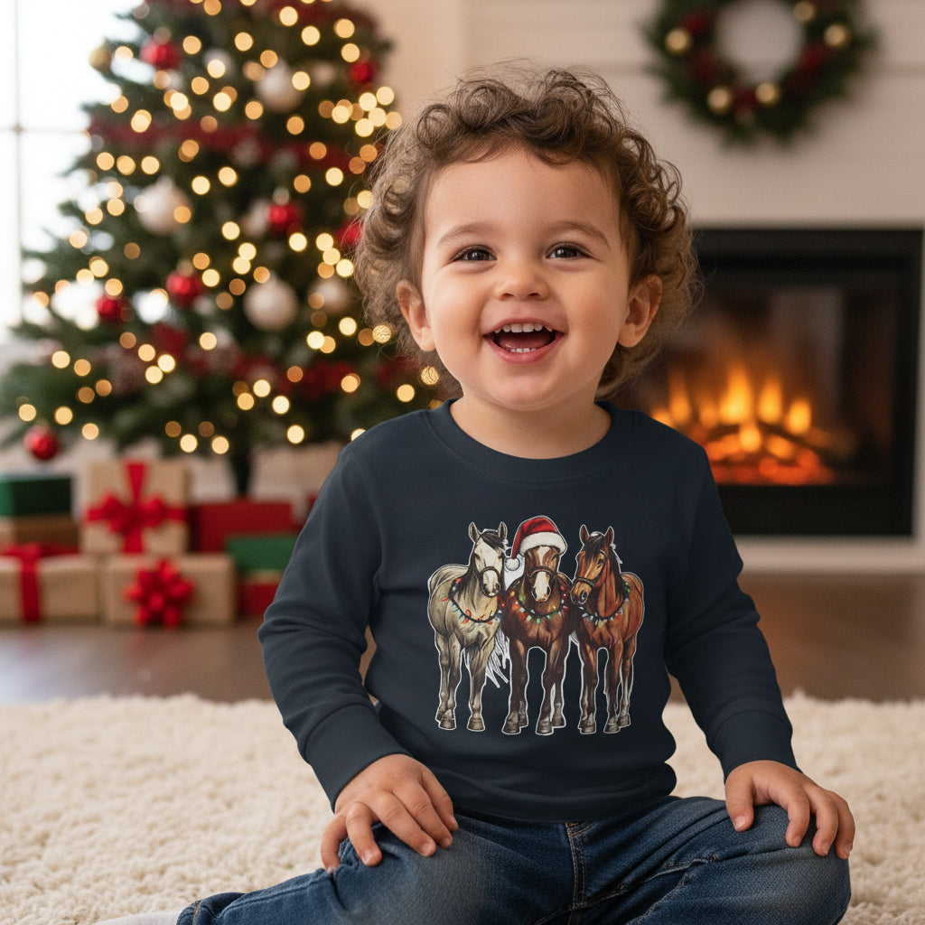 toddler christmas horse tshirt Black long-sleeve shirt with horse design on a white background