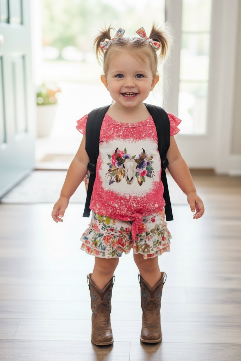 Cowgirl BOHO Short Set for Girls | Ruffle Sleeve Tee & Floral Ruffle Shorts, Cow Skull Design -Razels