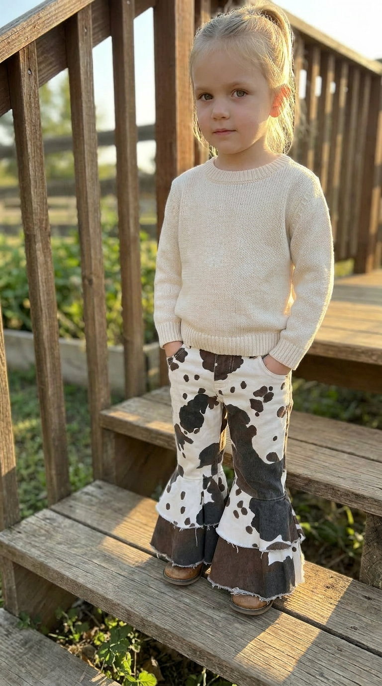 Child wearing a cream sweater and cow print pants sitting on a wooden deck.