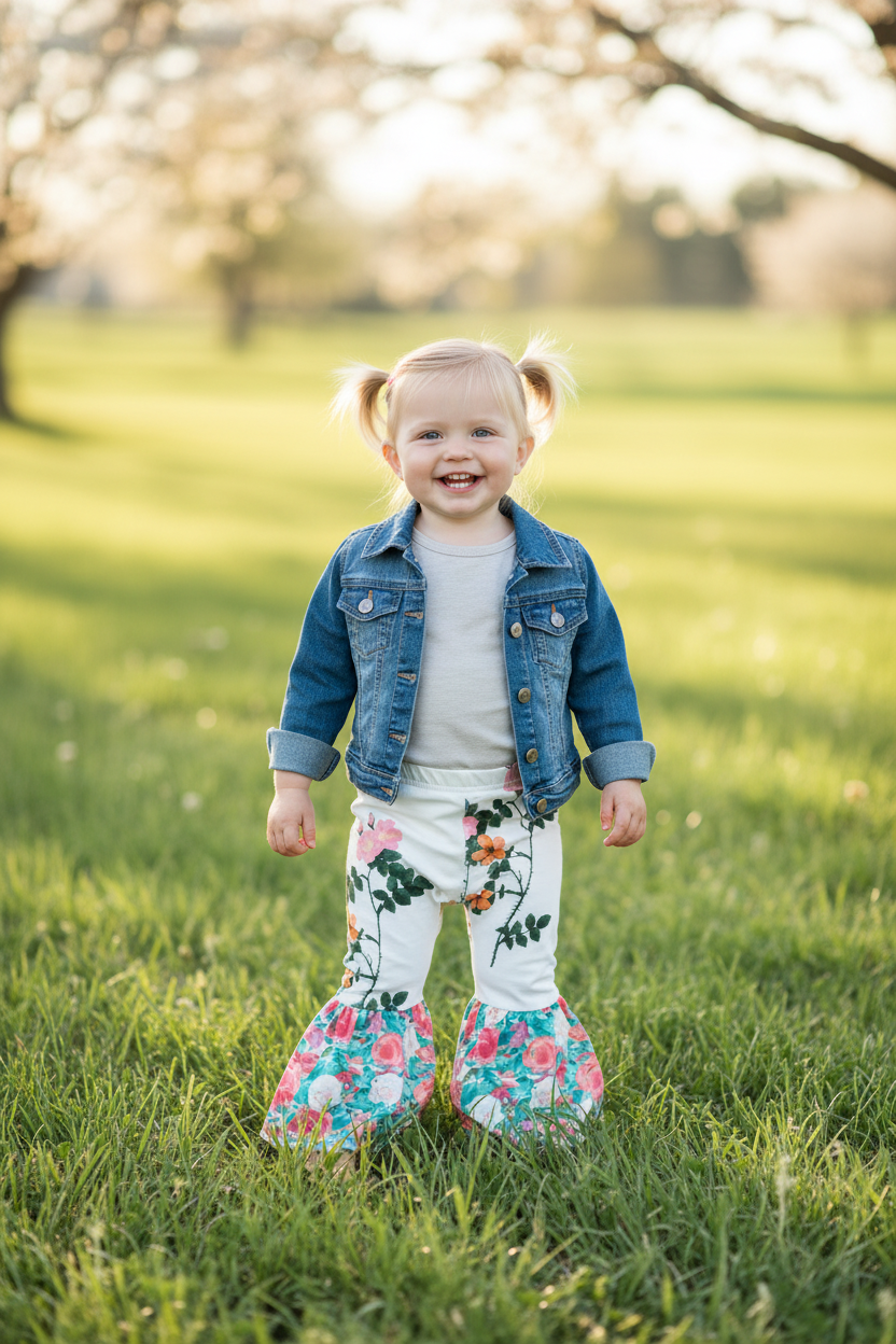 Child wearing a denim jacket and floral pants standing in a grassy field.