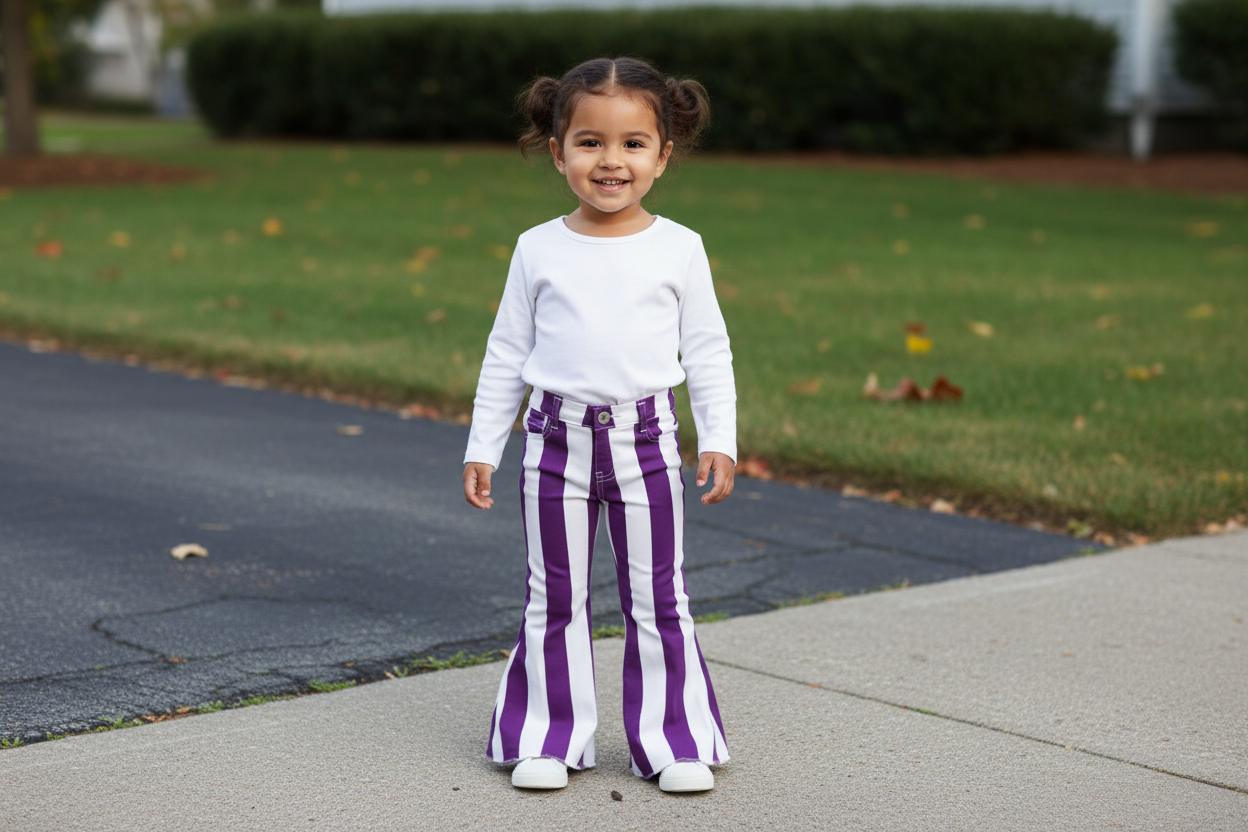 Young girl wearing a white shirt and Little girl wearing bold purple and white striped bell bottom jeans with dramatic flared legs and frayed hems. Boutique-style kids denim paired with a trendy Western-inspired outfit.