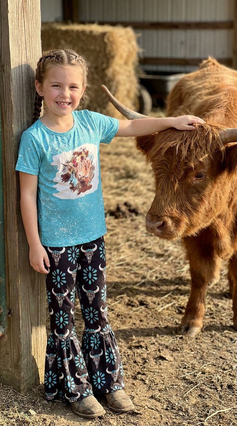 A young girl stands next to a brown Highland cow in a barn, wearing a light blue graphic t-shirt and dark patterned bell-bottom pants.