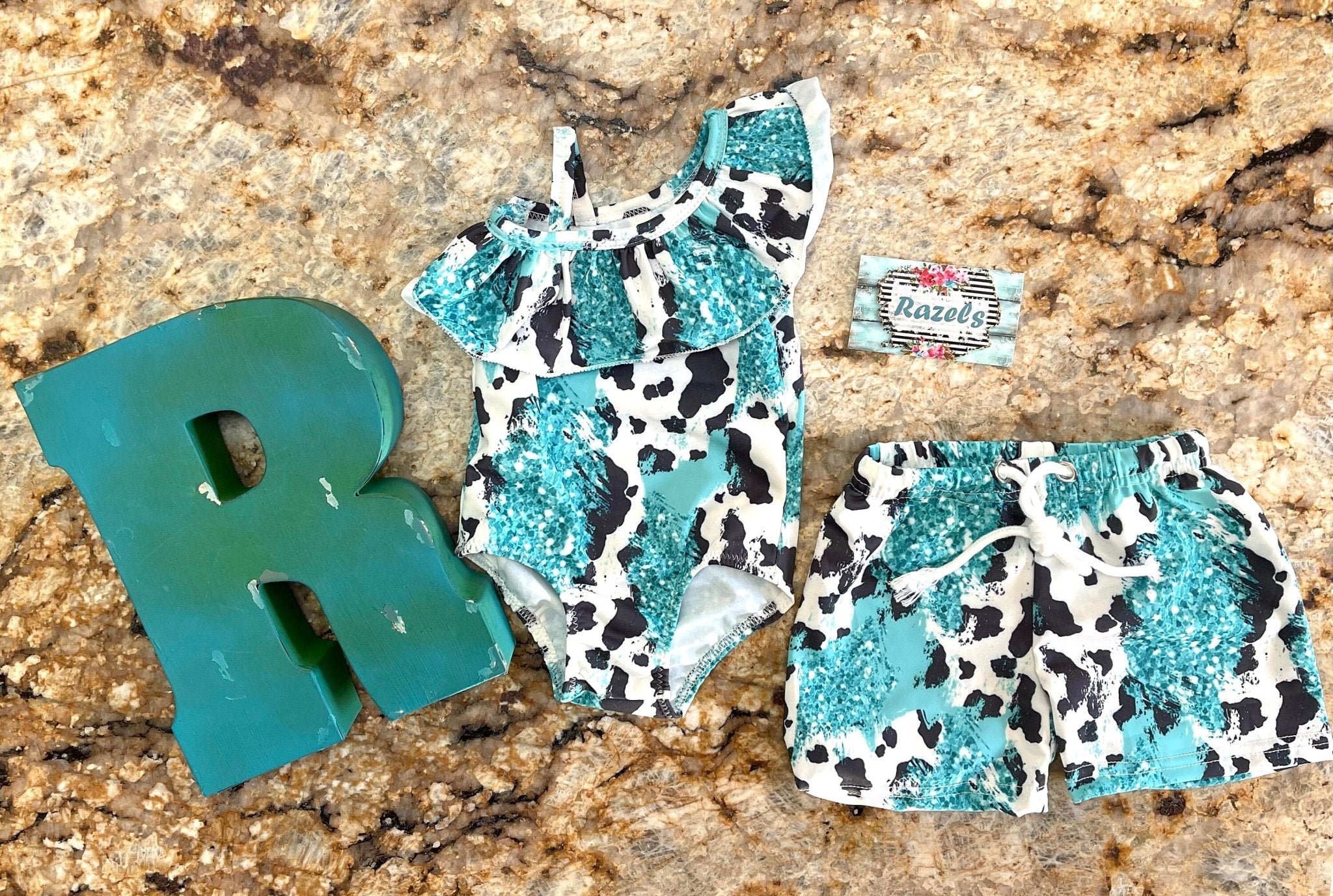 TURQUOISE and Cow Print Swimsuit | Western Siblings Cowhide Swimwear | Matching Swimsuits - Razels