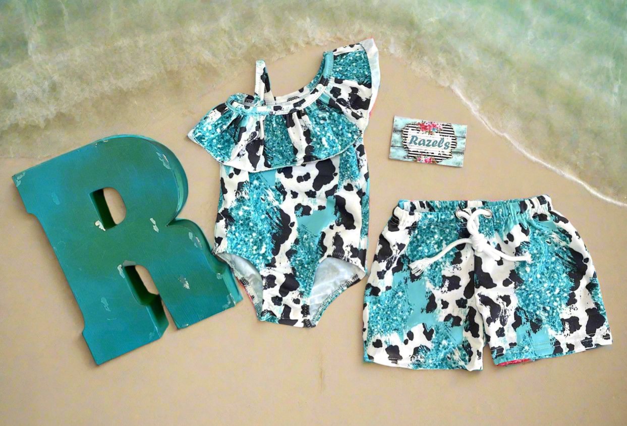 Turquoise Cow Print Swimsuits Matching Family Swimwear Western Swimsuits for Kids Western Swimwear Matching Swimsuits - Razels