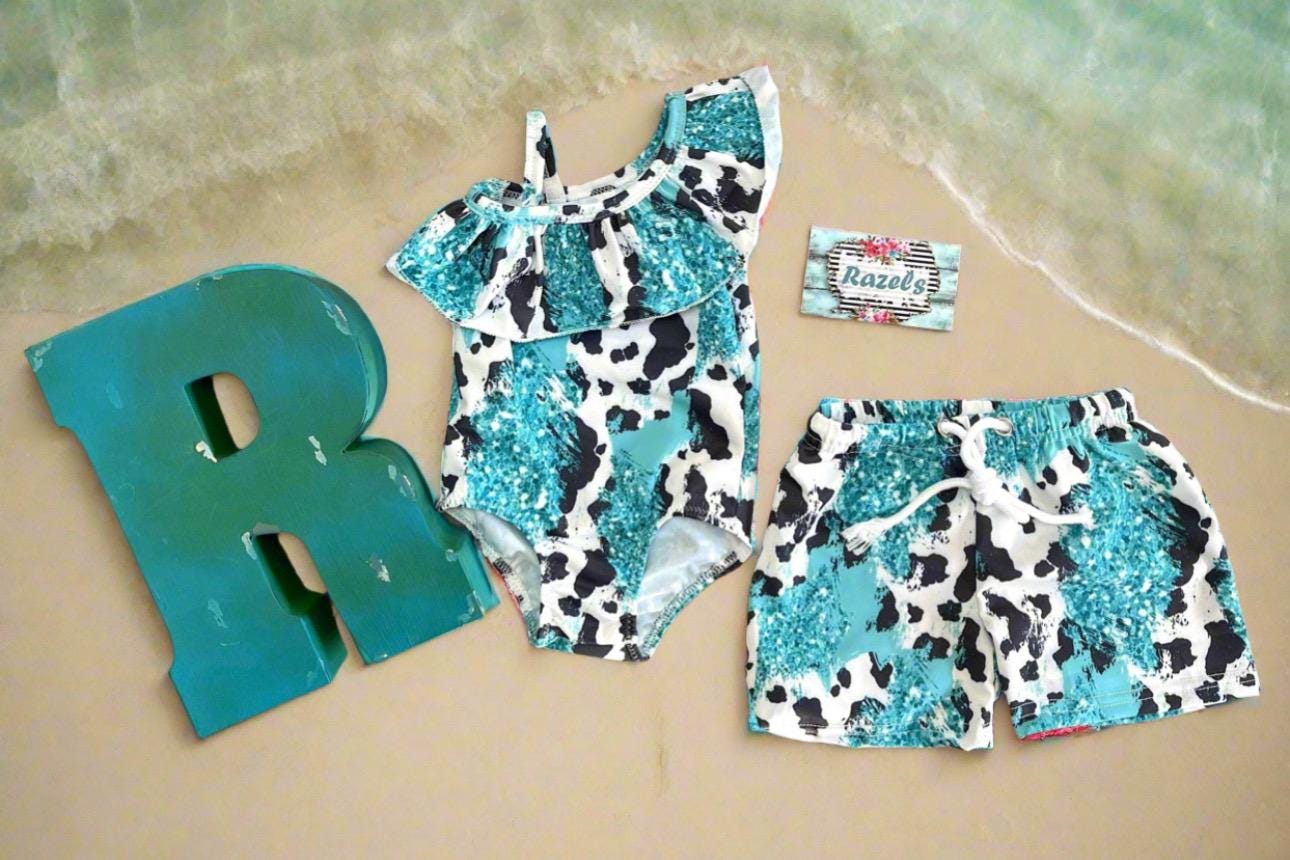 Turquoise Cow Print Swimsuits - Matching Family Western Swimwear for Kids - Western - Inspired Matching Swimsuits - Razels