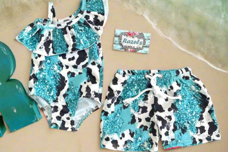 TURQUOISE COWPRINT, Cow Swimsuits, SIBLING Swimsuits, Western Swimsuits, Turquoise Cowhide, Black and White Cow, Matching Family Swimsuits, - Razels