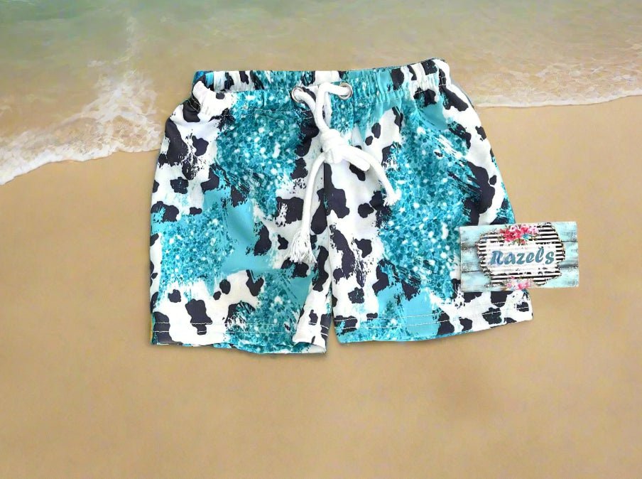 TURQUOISE COWPRINT, Cow Swimsuits, SIBLING Swimsuits, Western Swimsuits, Turquoise Cowhide, Black and White Cow, Matching Family Swimsuits, - Razels