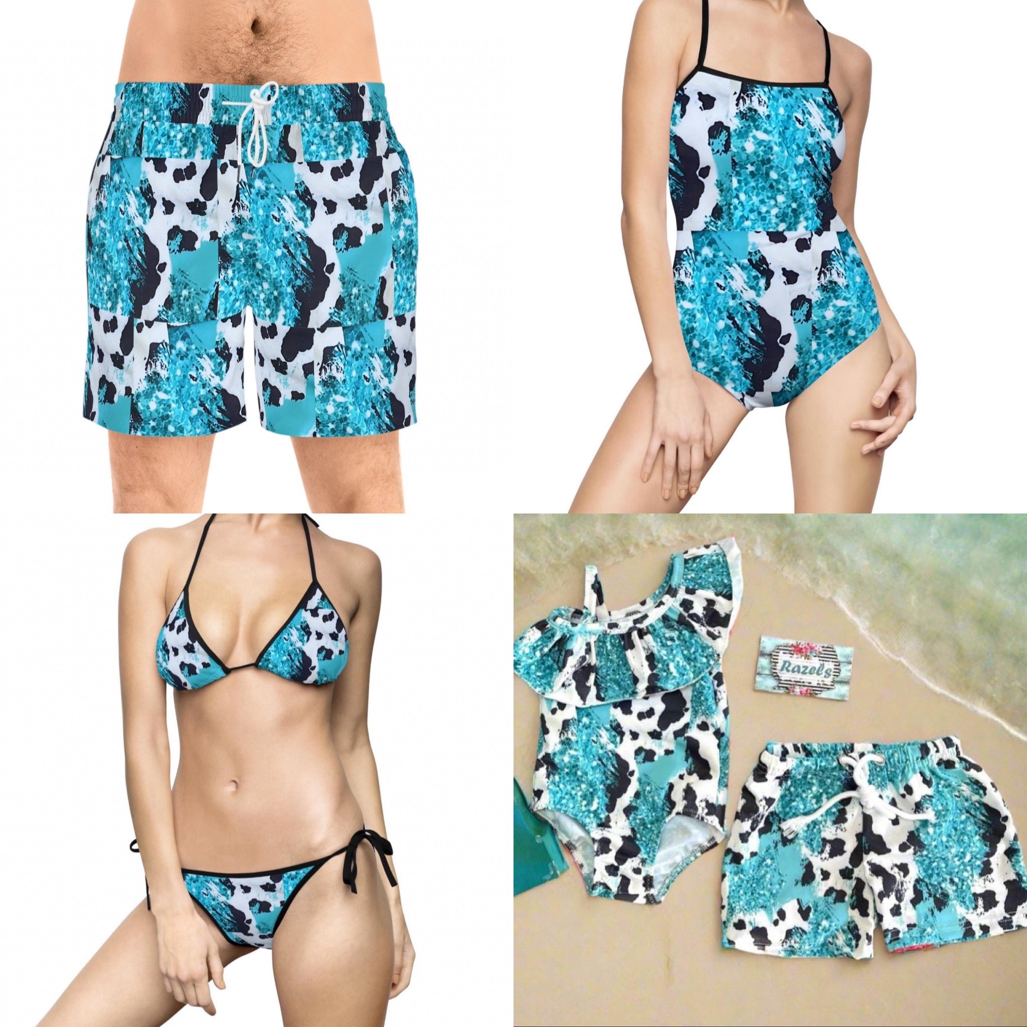 TURQUOISE COWPRINT, Cow Swimsuits, SIBLING Swimsuits, Western Swimsuits, Turquoise Cowhide, Black and White Cow, Matching Family Swimsuits, - Razels